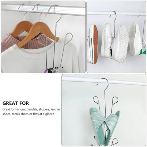 Heavy Duty Stainless Steel Hanging Shoe Rack With Double Nonslip Hooks To Keep Your Kicks Secure And Tidy, displaying various footwear items.