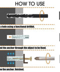 Installation guide for 10 Pieces Carbon Steel Drive Anchors With Screws Tree Shaped Hollow Wall Anchors For Drywall And Furniture Repair Durable Metal Expansion Screws 3.5 Cm Length For Stronghold And Long Lasting Installations detailing drilling, embedding, and screwing.