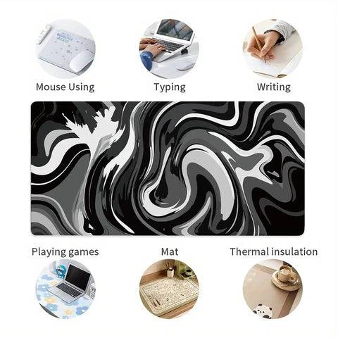 XL Gaming Mouse Pad With Stitched Edges, Black And White Desk Mat, Extra Large 31.5 By 15.8 Inches, Ink Liquid Wave Design