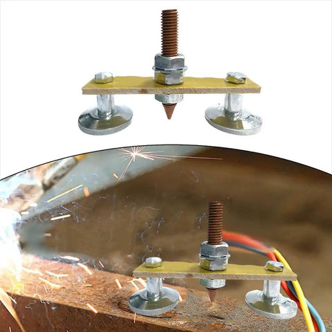 Heavy Duty Double Magnet Head Ground Clamp With N35 Neodymium Base For Fast Welding Setup On Flat Curved Metal Tables Or Poles Without Slippage Ever, showcasing clamp structure and welding sparks.