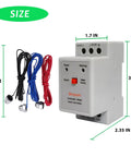 Auto Water Level Relay For 110V Systems with 6.5 ft lead cable shown with size dimensions for monitoring and overflow prevention