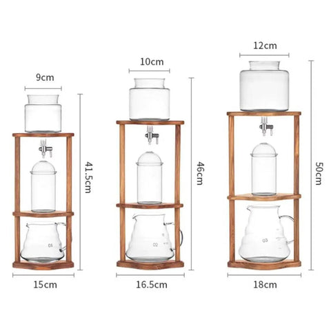 Portable Cold Brew Drip Tower And Adjustable Iced Coffee Maker Featuring Removable Filter For Smooth Extraction, showcasing dimensions and three-tier design.