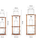 Portable Cold Brew Drip Tower Iced Coffee Maker with borosilicate glass design and wooden frame, showcasing height and dimensions.