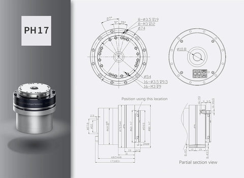Front view of PH17 hollow harmonic servo motor with integrated robotic joint module; engineering schematics.