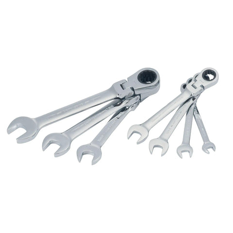 7 Piece Ratchet Set With 72 Tooth Quick Engagement Box End, 180 Degree Flex Head For Tight Spaces, Solid Chrome Finish