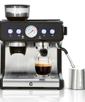 Top Shelf Stainless Steel Espresso Maker Featuring Built In Grinder And 20 Bar Pressure With Custom Shot Dial Plus Quick Steam Wand brewing espresso.