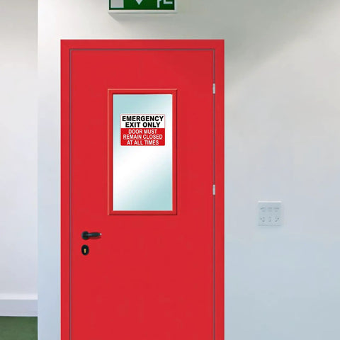 Red door with Emergency Exit Sticker Self Adhesive Red Sign That Grabs Attention, UV Weather Scratch Water Fade Resistant visible.