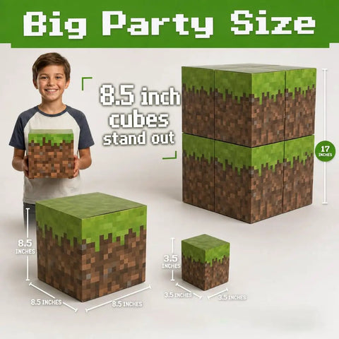 Fire Pixel Art Party Favor Boxes 8 Pack Grass Cubes Containers Sturdy Cardboard Treat Holders For Epic Birthday Bash And Legit Squad Game Night Essentials Today, 8.5-inch pixel art cubes.