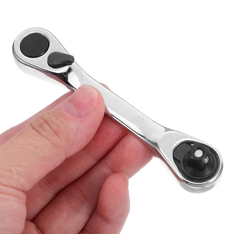 Heavy Duty Mini Ratchet Wrench 2 Pc Double Ended Socket Set Featuring A Smooth 72 Tooth Quick Release Drive and Compact Short Handle held in hand.