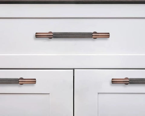 10 Pack 3 Inch Knurled Brushed Antique Copper Cabinet Drawer Pulls for cabinets and cupboards on white drawers
