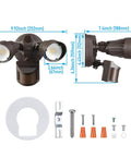 Three Color Temp LED Security Light With Motion Sensor For Outdoor Use, showing dimensions and installation accessories.
