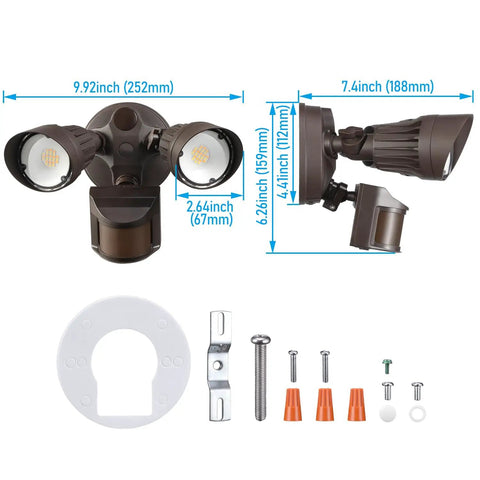 Three Color Temp LED Security Light With Motion Sensor For Outdoor Use, showing dimensions and installation accessories.