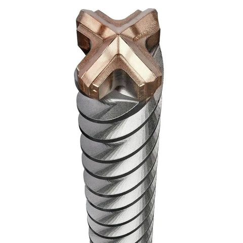 Close-up of High Impact SDS Max Drill Bit With Four Cutter Carbide Head For Wood Metal And Plastic, Rebar Ready, showing carbide head.