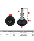 Heavy Duty Adjustable Leveling Feet 8 Pack Rock Solid Swivel Base Furniture Legs For Cabinets Shelves Workbenches Rustproof M12 Thread 50 Millimeter Diameter Anti Vibration Support Studs with dimension labels and measurements.