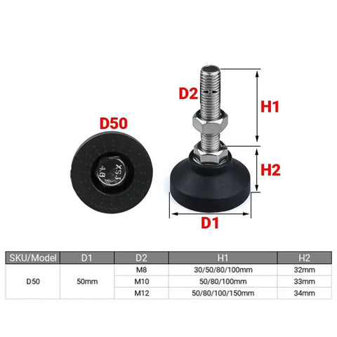 Heavy Duty Adjustable Leveling Feet 8 Pack Rock Solid Swivel Base Furniture Legs For Cabinets Shelves Workbenches Rustproof M12 Thread 50 Millimeter Diameter Anti Vibration Support Studs with dimension labels and measurements.