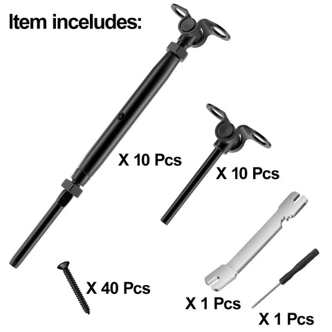 Ten Pair One Eighth Inch Black Cable Railing Kit With Swage Toggle Turnbuckle Hardware and tools shown.