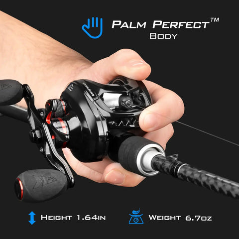 Person holding MegaJaws Baitcasting Reel With AutoMag Dual Braking System For Long, Stable Casts And Smooth Retrieval 7.2 To 1 Gear Ratio Right Handed Fishing Reel New Compact Blacktip Design