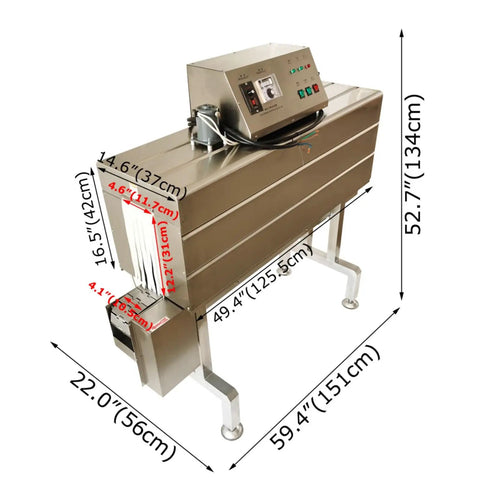 Dinenovate Automatic Heat Shrink Labeling Machine For Pvc Pp Pof Films Durable Stainless Steel Body showing dimensions and control panel.