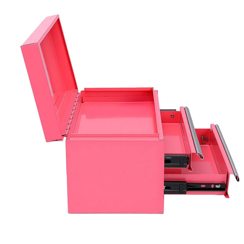 Pink Mini Toolbox Featuring Two Smooth Pullout Drawers And Heavy Duty Iron Frame Compact Portable Gear Case Rig Ready For Job Sites Craft Tables And Mobile Workshop Hella Tough, with top open and drawers extended.