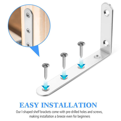 Installation of Heavy Duty L Shaped Shelf Brackets For Wood Shelves Stainless Steel 10 Pack with screws and pre-drilled holes