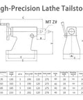 High-Precision Lathe Tailstock diagram with dimensions for MT3 morse taper, 40mm travel specifications and features.