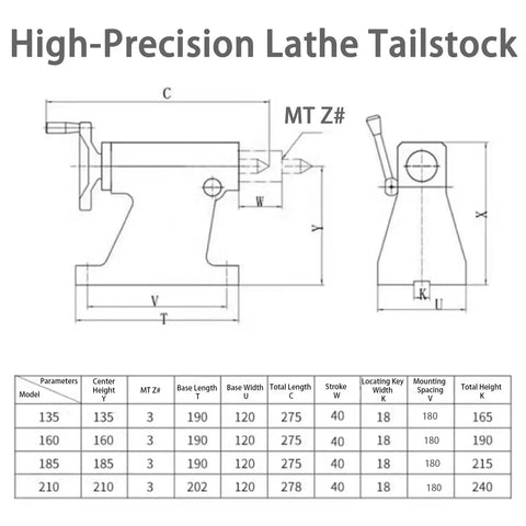 High-Precision Lathe Tailstock diagram with dimensions for MT3 morse taper, 40mm travel specifications and features.