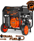 Dual Fuel Portable Generator With Electric Start And CO Watchdog, 5,600 Peak Watts, wheel kit, orange and black design