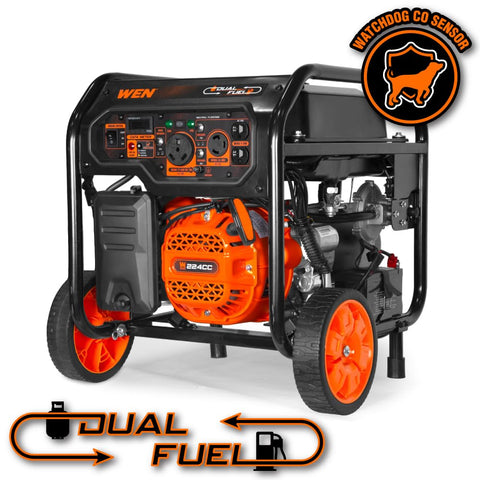 Dual Fuel Portable Generator With Electric Start And CO Watchdog, 5,600 Peak Watts, wheel kit, orange and black design
