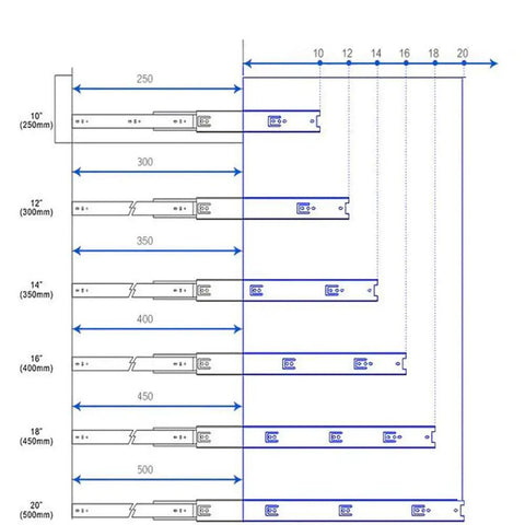 Diagram showing measurements for 16 Inch Push To Open Drawer Slides Side Mount Ball Bearing Rails With Full Extension Cabinet Drawer Runners 100lb