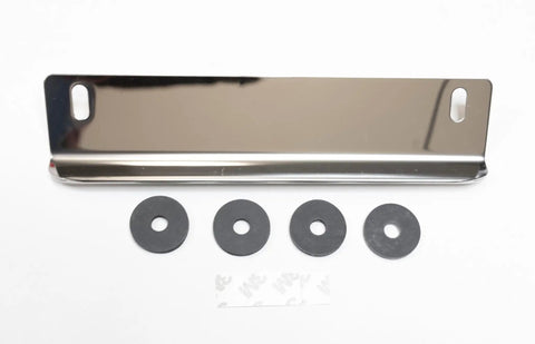 Tesla Model 3 And Model Y Trunk Liftgate Closing Handle Trim In Bright Polished Stainless Steel with four black washers included.