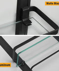 Close-up of Heavy Duty Lavatory Glass Bathroom Shelf With Huge Storage Space Two Tier Tempered Glass Shower Shelves With Towel Bar Wall Mounted Matte Black Aluminum Finish 15 By 5 Inches