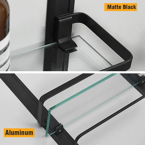 Close-up of Heavy Duty Lavatory Glass Bathroom Shelf With Huge Storage Space Two Tier Tempered Glass Shower Shelves With Towel Bar Wall Mounted Matte Black Aluminum Finish 15 By 5 Inches
