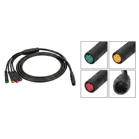 Kick Up Your E-Bike Game With This Super Long 1500mm Bolt On Extension Cable For KT Controllers. Seamless Hookup For Display Throttle And Brake Levers. Black Durable Build Ensures Smooth Riding Without Any Hiccups. Grab This Heavy Duty Upgrade Now To Fix. 1500mm KT controller extension cable, black plastic and metal, 1T4 connectors