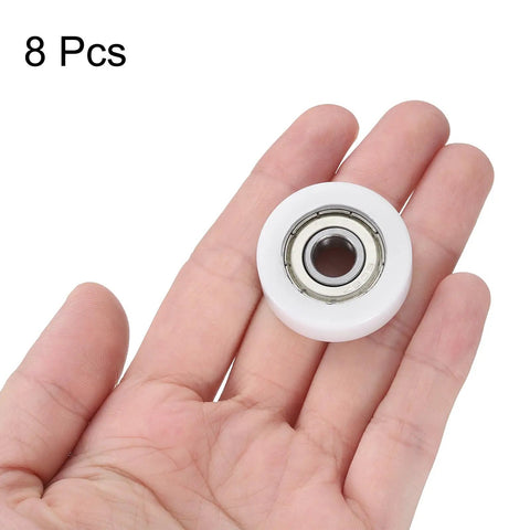 Eight Pieces Nylon Roller Bearings 8x30x10mm Double Shielded ABEC 1 Tolerance Ball Bearing Guide Flat Pulley Wheel For Furniture And Hardware Accessories Low Noise White, 8 pcs shown in hand