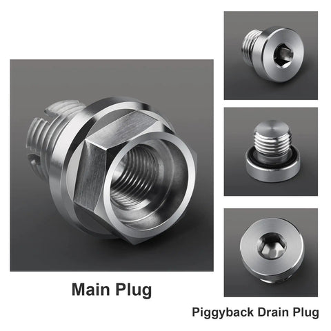 Oversize Piggyback Oil Drain Plug M12.1 X 1.75 X 15mm Stainless Self Tapping Thread Repair Kit shown from various angles.