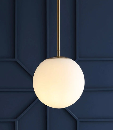 Dope White And Brass Modern Globe LED Pendant Light For Kitchen Island Industrial Hanging Ceiling Lamp With White Glass Globe Shade 7.75 Inch Diameter And Energy Saving LED Bulb Included against dark wall