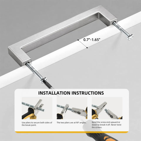 Installation guide for Top Shelf Slick Brushed Nickel Cabinet Pulls And Drawer Handles, showing screw placement and tool use.