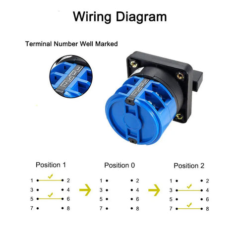 Wiring diagram for LW28-32 Changeover Switch 3 Position 8 Terminal Universal Rotary Cam Selector Latching Switch 690V 32A.