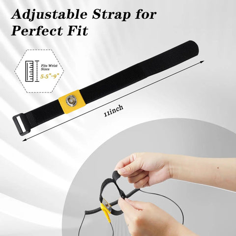 Hands adjusting 11-inch black and yellow 3 Pack ESD Safe Anti Static Wrist Straps with alligator clip, 4 strand copper core