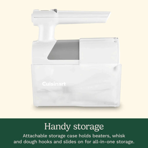 Lightweight Nine Speed Electric Hand Mixer With Grippy Ergonomic Handle And One Touch Digital Controls Built Different For Fast Whipping Includes Beaters Hooks And Hard Case Storage with attached storage.