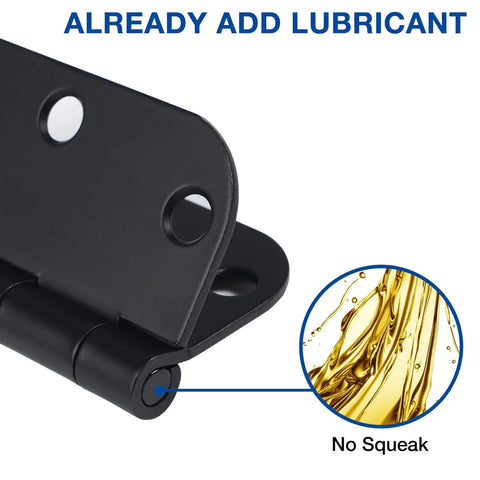 Close-up of Six Pack Three Inch Matte Black Interior Door Hinges With Rounded Edges Five Eighth Inch Radius, lubricated for smooth operation