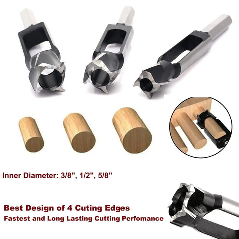 Badass Wood Plug Cutter Set For Pocket Holes And Dowel Pins featuring 3 cutters for 3/8, 1/2, and 5/8 inch joinery work.