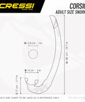 Corsica snorkel size chart, adult size dimensions, part of Z2 Frameless Dive Mask And Corsica Snorkel Kit For Deep Freediving And Snorkeling All Day Comfort Low Volume With Wide Field Of View And Snug Fit Blue Metal Finish kit.