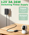 12V 3A Power Supply AC Adapter 36W Charger With On Off Switch 5.9 Foot Cable Center Positive DC Output For Electronics And Home Devices Universal 100 240V Input, shown with camera
