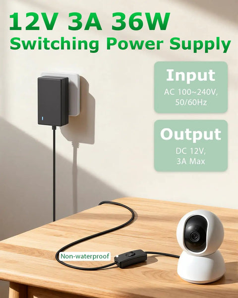 12V 3A Power Supply AC Adapter 36W Charger With On Off Switch 5.9 Foot Cable Center Positive DC Output For Electronics And Home Devices Universal 100 240V Input, shown with camera