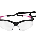 Lightweight Small Safety Glasses With Clear Anti Fog Lenses And Black Frame Pink Tips, front view with adjustable strap.