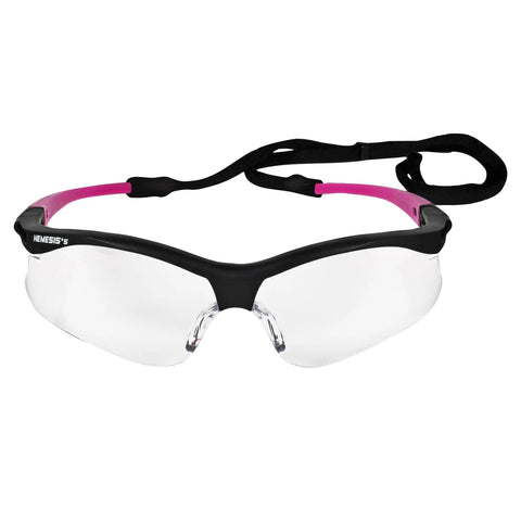 Lightweight Small Safety Glasses With Clear Anti Fog Lenses And Black Frame Pink Tips, front view with adjustable strap.