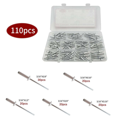 110 Piece Silver Pop Rivets Kit With 5 Size Aluminum Rivets for DIY Metalwork, furniture, and instrument projects in case