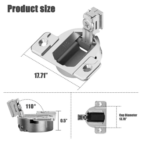 Tough As Nails Silver Cabinet Door Hinges For Standard Or Open Side Cabinets, showing product size 17.71 inches and 110 degree pivot.