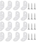Heavy Duty White Metal L Brackets 20 Pack Rock Solid Corner Mounts With All Fasteners Nuts And Bolts Included Perfect For Shelves And Cabinets. Brackets and screws arranged neatly.
